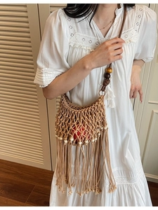 Handmade Bohemian Cotton Rope Woven Tassel Shoulder Bag With Wood Beads Hollow Out Summer Beach Vacation Bag For Women