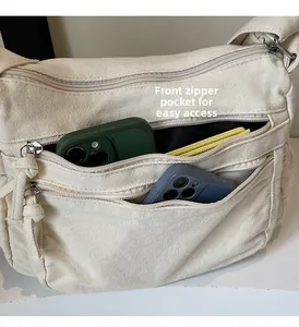 Close-up of off-white canvas bag featuring multi-pocket storage and front zipper detail