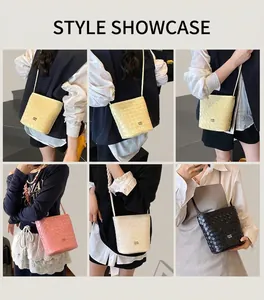 Collage of woven bucket bags in yellow, pink, beige, and black with crossbody straps