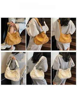 Multi-pocket canvas crossbody bag shown in various carrying styles on a model