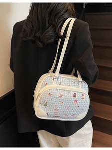 Casual white and blue plaid tote bag featuring cute cartoon bears and stars for daily commute