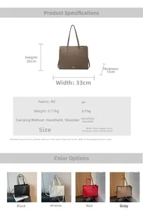 Detailed size specifications and material chart for the large PU leather tote bag