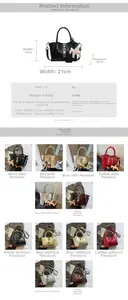 Detail view of crocodile pattern handbag showing size dimensions and pegasus charm