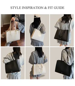 Detailed views of minimalist large capacity tote bag shown on a model in black and beige