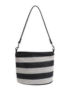 Large black and white striped woven bucket bag with leather shoulder strap for women