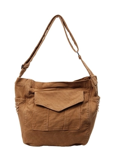 Brown vintage canvas crossbody bag with large front flap and adjustable shoulder strap