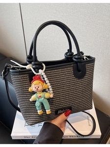Women Woven Straw Bucket Bag Fashion Casual Crossbody Bag With Cartoon Pendant Summer Beach Handwoven Shoulder Purse