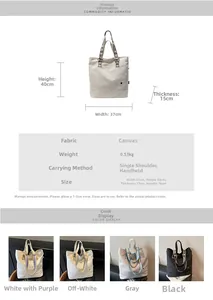 Detailed size specifications for large canvas tote bag showing 37x40x15cm dimensions