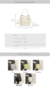 Detailed size specifications and color comparison of the minimalist bucket shoulder bag