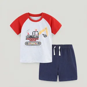 Ensemble d'Été en Coton pour Garçons Haut à Manches Raglan et Short Imprimé Pelleteuse Dessin Animé Vêtements Décontractés