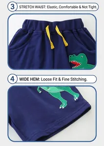 Détails du short enfant bleu marine avec cordon jaune et broderie de dinosaure