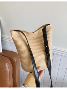 Minimalist Large Capacity Woven Bucket Bag For Women PU Leather Strap Casual Vacation Crossbody Bag Summer Beach Shoulder Bag