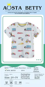 Détail du t-shirt coton garçon avec motifs de voitures et tableau des tailles 2Y-7Y