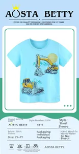 Detail of blue cotton boy T-shirt showing cartoon excavator print and soft knit fabric