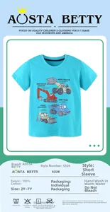 Detail of blue cotton boy T-shirt showing cartoon construction truck prints and size 2Y-7Y