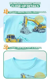 Detail of blue toddler t-shirt showing excavator print and ribbed crew neckline