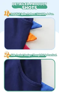 Detail shot of navy knit shorts featuring 3D colorful dinosaur fin accents and side pockets