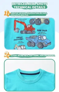Detail of blue cotton boy T-shirt showing crew neck and construction vehicle prints