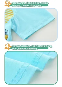 Detail of double-stitched hem and cuff on a light blue cotton boys' t-shirt