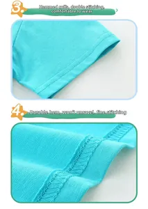 Detail of double-needle stitching on the cuffs and hem of a blue cotton boys' t-shirt