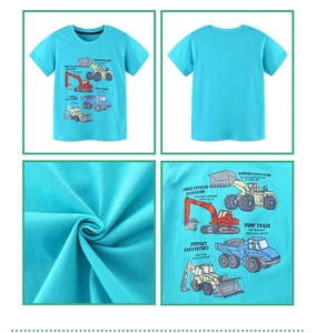 Detail views of boys blue cotton T-shirt featuring colorful construction vehicle prints