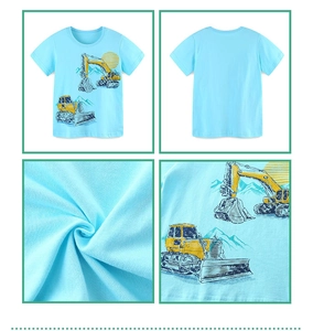 Close-up of cotton fabric texture and cartoon excavator print on blue boy's t-shirt