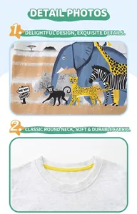 Detail of soft gray cotton fabric with African animal prints and ribbed crew neck design