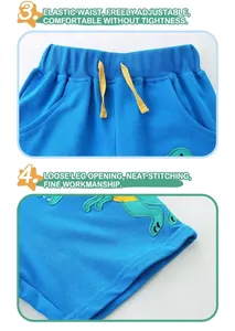 Detail view of boys' blue cotton shorts with elastic waist and dinosaur embroidery