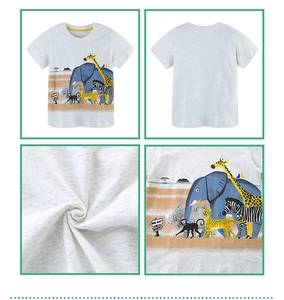 Detail view of cotton grey t-shirt featuring animal prints and yellow crew neck design