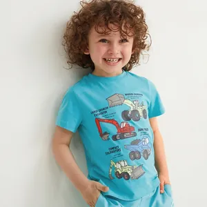Boys Summer Cotton T-Shirt Cartoon Construction Vehicle Print Casual Short Sleeve Round Neck Top For Kids 2-7 Years