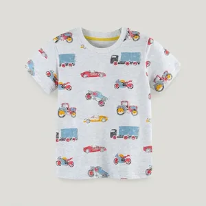 T-shirt gris en coton pour garçon avec imprimés de véhicules colorés et col rond