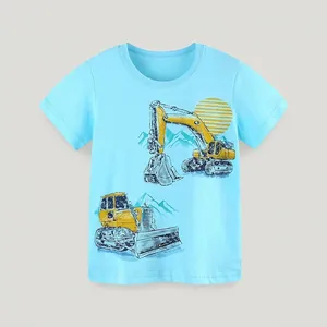 T-shirt bleu ciel en coton pour garçon avec imprimé excavatrice et bulldozer jaune