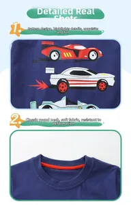 Détail du t-shirt bleu marine pour garçons avec imprimé voiture et col renforcé