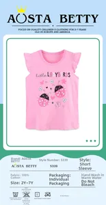 Détail d'un t-shirt rose en coton pour fille avec imprimé coccinelle et volants