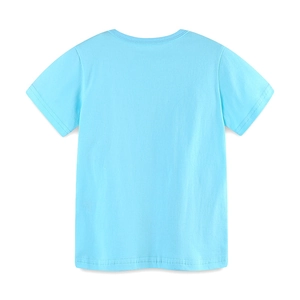 Back view of light blue cotton short-sleeved crew neck t-shirt for boys in plain style