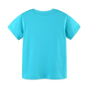 Classic bright blue boys' round neck cotton T-shirt, smooth back view, minimalist style