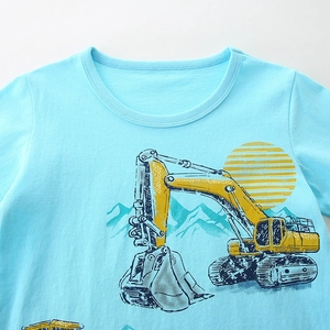 Boys light blue cotton T-shirt featuring a yellow cartoon excavator and sun print