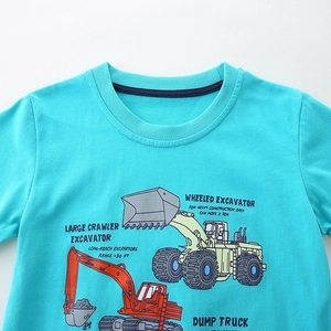 Boys short sleeve crew neck T-shirt featuring colorful excavator and truck prints