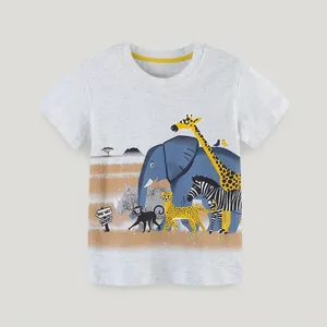 Boys Short Sleeve T-Shirt Summer Western Style Cartoon Animal Print Cotton Crew Neck Top For Toddler Kids Heather Gray