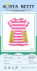 Detail of pink striped cotton dress with yellow leopard patch pockets for girls