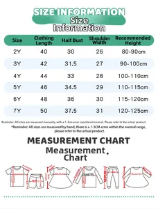 Guide des tailles pour t-shirts en coton filles de 2 à 7 ans avec mesures en cm