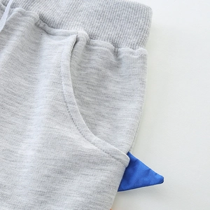 Gray knitted boys' shorts featuring elastic waistband and blue 3D dinosaur detail