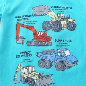 Toddler boy turquoise T-shirt featuring cartoon construction vehicles and excavators