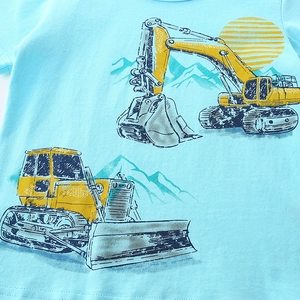 Boys light blue cotton T-shirt featuring a yellow excavator and bulldozer cartoon print