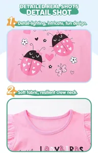 Détail du t-shirt rose en coton avec imprimé coccinelle et manches à volants