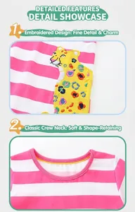 Close-up of pink and white striped girl dress with vibrant leopard embroidery detail