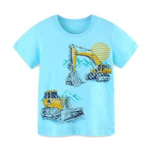 Sky blue cotton t-shirt for boys with cartoon excavator and bulldozer print design