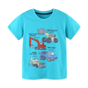 Sky blue boy's t-shirt with cartoon construction vehicle prints and crew neck