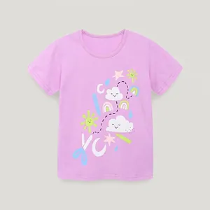 Mädchen Süße Cartoon Regenbogen Druck Baumwolle T-Shirt Sommer Kurzarm Rundhals Lila Lässiges Top Für Kleinkinder Mädchen