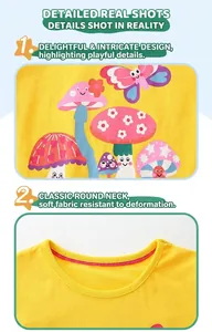 Détail du t-shirt jaune pour enfants avec motif champignon et col rond renforcé durable